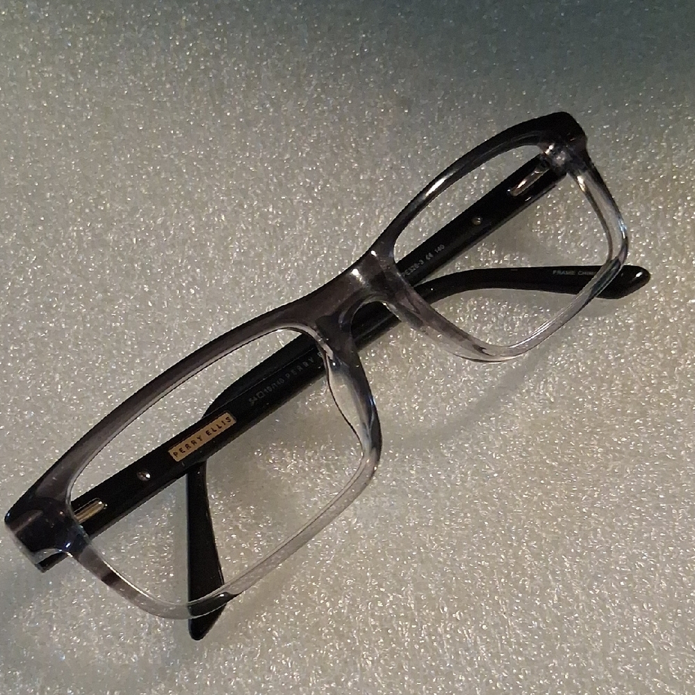 Perry Ellis Black and Clear & Grey Modern Eyeglasses With Gold Accents Frames On